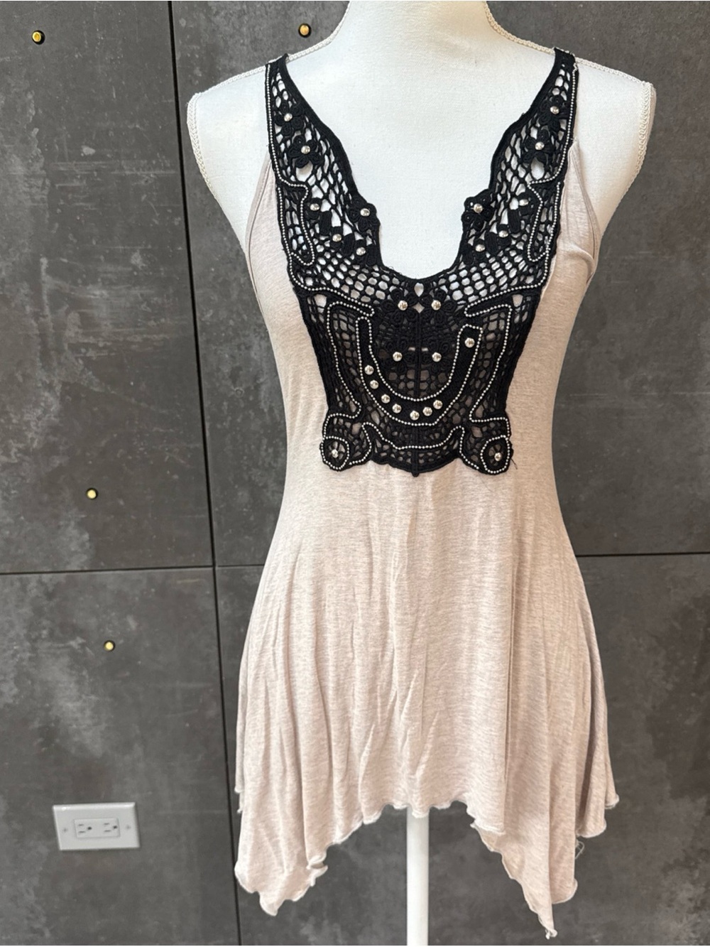 Beige Tank Top with Black Crochet Applique